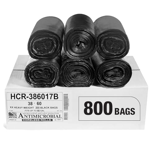 Image of Aluf Plastics High Density Trash Bags, 60 Gallon, 800 Count, 17 Micron (eq), 38 inch x 60 inch, Black, for Bathroom, Office, Industrial, Commercial, Janitorial, Municipal, Recycling