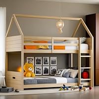 PVWIIK House Floor Bunk Bed/Twin Over Twin with Headboards & Footboards/Ladder and Guardrails for Boys Girls Bedroom,Low Floor Bunk Bed/No Box Spring Needed, Oak