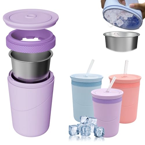 Botella para cubitos de hielo con vaso de acero inoxidable y tapa – Vaso aislante de doble pared, pajita 2 en 1, sin BPA, botella reutilizable con cubitos, ideal para slush, camping y oficina, púrpura