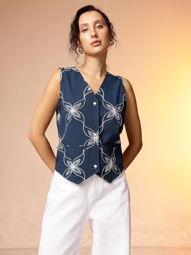 Image of Amazon Brand - INKAST Women Floral Textured Sleeveless Button-Down Vest with Pockets | V-Neck Waistcoat Blouse | Pointed Hem | Tunic Top