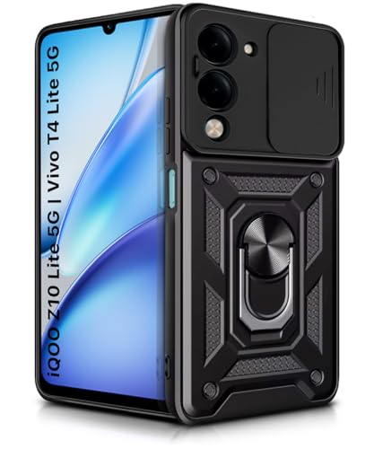 Image of WOW IMAGINE Tough Armor Bumper Mobile Back Case for iQOO Z10 Lite 5G | Vivo T4 Lite 5G | Sliding Camera Cover | Shock Proof 360 Protection | Hybrid PC + TPU | Ring Holder with Kickstand - Black