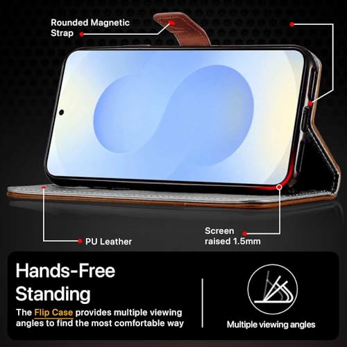 Image of FLIPPED Vegan Leather Flip Case Back Cover for Samsung Galaxy S25 5G (Flexible, Shock Proof | Hand Stitched Leather Finish | Card Pockets Wallet & Stand | Tan with Brown)