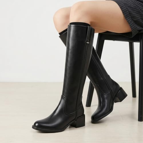 Image of Women's Knee High Boots Chunky Low Block Heel Round Toe Faux Leather Rinding Boots with Side Zip Fashion Tall Boots for Women