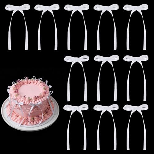 30 Pack Bow Cake Toppers White Ribbon Bows for Cake Bow Birthday Decorations Coquette Themed Bow Cupcake Topper for Bride to Be Wedding Baby Shower Bachelorette Party Decorations
