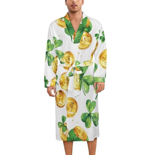 Shamrock Leaf And Gold Coins Soft Robe Long Sleeve Bathrobes V Neck Sleepwear Spa Robes with Belt Men Woman