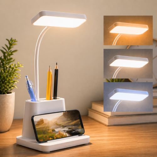 Image of One94Store LED Desk Lamp with Pen & Phone Holder - USB Charging Study Lamp with Touch Sensor, Adjustable Brightness, Eye Protection Light & Foldable Table Lamp for Students, Reading & Office