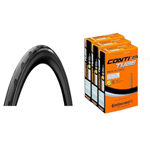 Continental Grand Prix 5000 Neumático Plegable para Bicicleta, Unisex Adulto, Negro, 25-622 | 700 x 25C & Pack 3 cámaras 28, 20-25, válvula Presta (Fina), 60 mm, Ciclismo, Negro, 700c Road