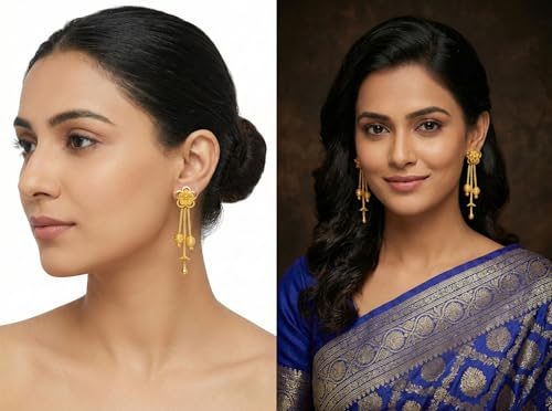 Image of DEW MAT Gold Plated Traditional Jhumka Earrings Combo | Floral Drop & Big Jhumki Set with Matte Finish | South Indian Ghungroo Screw Back Studs Meenakari Jhumki Earrings Set for Women