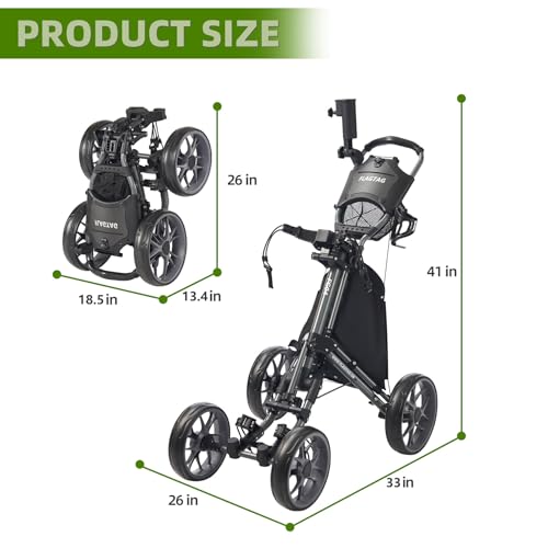 Image of Golf Push Cart 4-Wheels,Folding Golf Cart, Golf Pull cart with Cup Holder,Umbrella Holder,Cooler Bag, Foldable with one-Click,Handle Height Adjustable,Drink Holder,Walking Push cart