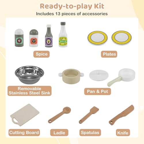 HONEY JOY Kids Kitchen Playset, Wooden Play Kitchen for Toddlers, Microwave, Sink& Oven, 13 Cooking Accessories, Storage Cabinet, Little Chef Pretend Play Toy Kitchen Set, Gift for Boys Girls, Natural - Image 5