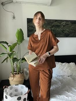 Ekouaer Satijnen damespyjama, V-hals, pyjamaset, nachtkleding, lange pyjamabroek, loungewear, vrijetijdspak voor zomer, S-XXL, champagne, M