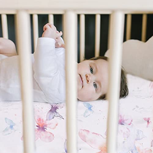 Image of Oilo Crib Sheet, Breathable 100% Turkish Cotton Fitted Jersey, 300 Thread Count, Machine Washable, Fits Standard Crib (28 inch x 52 inch x 6 inch), Toddler Bedding, Girl, Boy, & Neutral Nursery Design, Butterfly