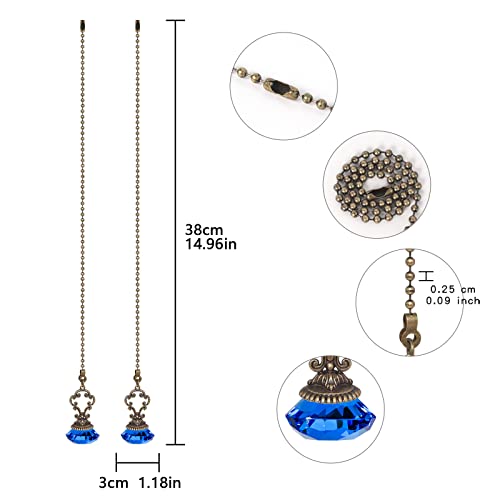 Image of 2pcs Blue Crystal Fan Pull Diamond Drop Vintage Pull Chain Ceiling Pull Chain Extender with Connector