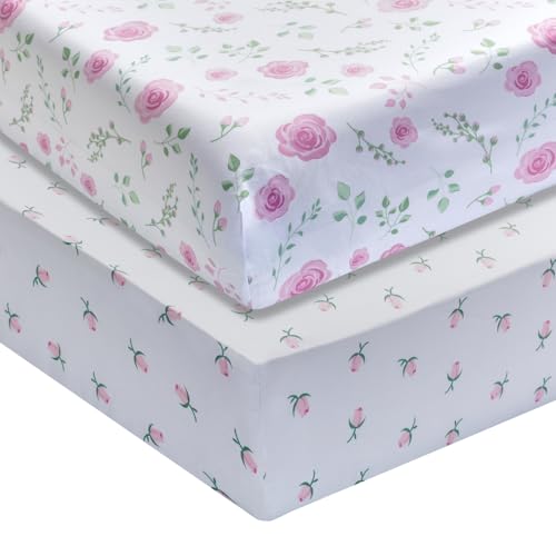 Image of EVERYDAY KIDS 2 Pack Fitted Girls Crib Sheet, 100% Soft Breathable Microfiber Baby Sheet, Fits Standard Size Crib Mattress 28in x 52in, White and Pink Nursery Sheets with Flowers, Roses and Rosebuds