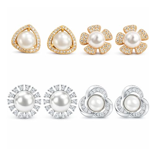 Image of Nilu's Collection Rose Gold Plated Triangular Design Pearl Stud Earrings With American Diamond for Women And Girls | Gift For Her | Anti- Allergy |Anti-Tarnish | Office Wear