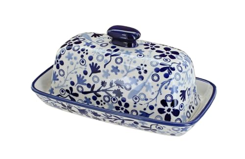 Blue Rose Polish Pottery - Blue Darcy Butter Dish - Fits 1 Stick - Butter Dish for Countertop Organization and Storage