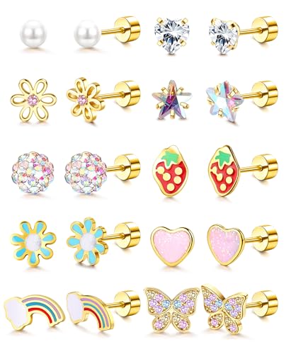 FIASASO Hypoallergenic Flat Back Earrings for Girls Kids Toddler Women 10 Pair Surgical Stainless Steel Screw Back Stud Earrings for Sensitive Ears Cute Flower Butterfly Stud Earring Screwback Girl Earrings Toddler Jewelry Gold ageover 4 years old