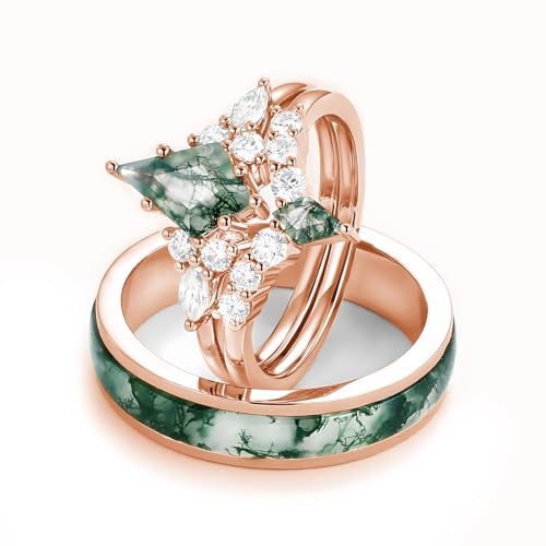 Natural Kite Cut Moss Agate Couple Wedding Rings Sets, S925 10K 14K 18K Gold Moissanite Engagement Rings Set for Man and Women, Customized His and Her 3pcs Green Promise Bands for Anniversary2