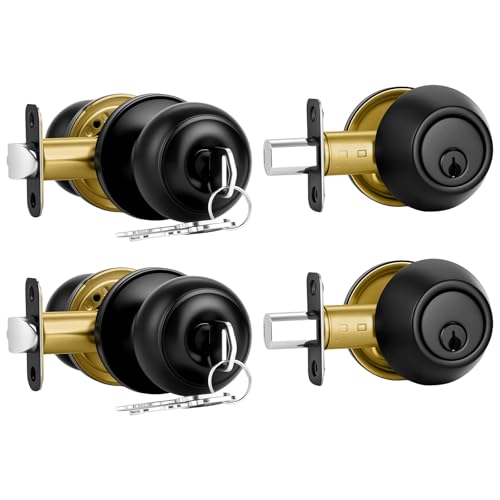 Plustool 2 Pack Front Door Lock Set Matte Black Exterior Door Lock Set with Deadbolt Single Cylinder Deadbolt Lock and Door Knob Set Keyed Alike Door Knobs with Lock&Keys Round Ball Entry Door Lockset
