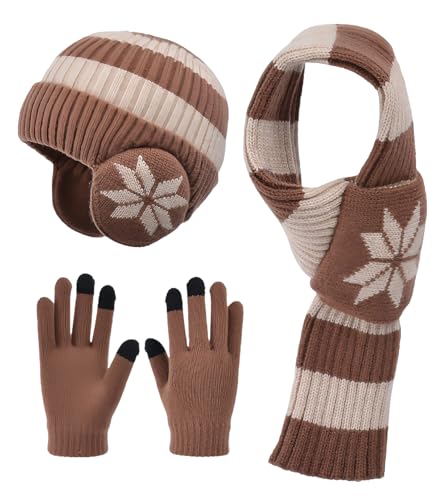 Image of Kids Winter Hat Scarf Gloves Set 3Pcs, 3-12Y Fleece Lined Beanie With Earmuffs Double Layer Scarf Touchscreen Gloves Toddlers