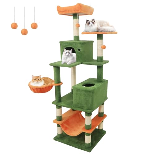 Árbol para gato alto 66 pulgadas multi-niveles verde y naranja miniatura 1