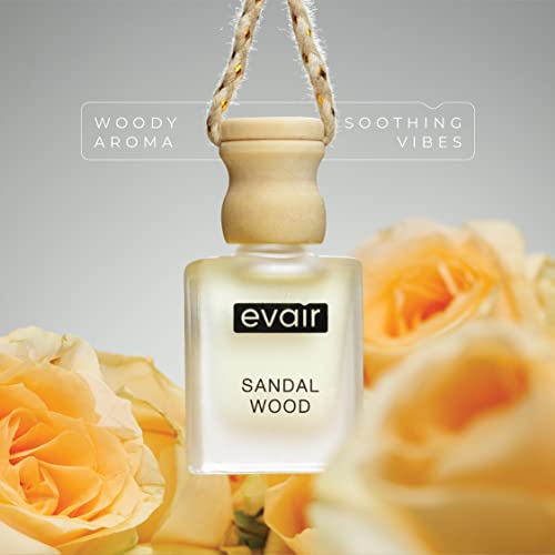 Image of Evair Sandalwood Car Air Freshener | Hanging Car Perfume with Essential Oils | Long-Lasting Aroma in Glass Bottle with Wooden Diffuser Lid | 10ml Hanging Car Scent (Pack of 1)