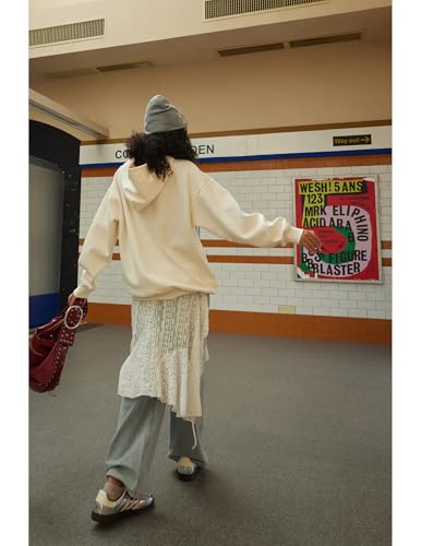 Aelfric Eden Womens Oversized Graphic Hoodies Y2k Flower Embroidery Number Print Pullover Hooded Sweatshirt Unisex Apricot X-Small - image 8