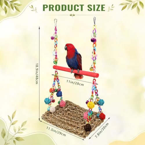 Image of Bird Swing Mat with Wood Perch, AHIER Seagrass Bird Hammock for Conures with Chewing Toy for Parakeets, Budgie, Cockatiel Cage Accessories (Rose-Pink Pole)