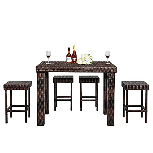 Moonhome 7 Piece Outdoor Dining Set,Wicker High Dining Furniture Set Table & 4 Stools Brown Gradient #TOP4