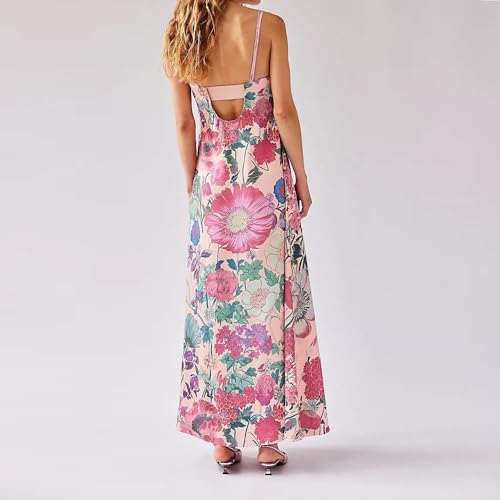 Image of Women Floral Maxi Dress Spaghetti Straps V Neck Lace Patchwork Flowy Tiered Boho Beach Sundress Long Dresses