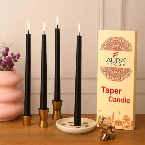AuraDecor Taper Candles Pack || Dinner Candle || Celebration Candles || 10 inch Candles || Dripless || Smokeless Candle || Burnng Time 8 Hours (Pack of 4, Black)