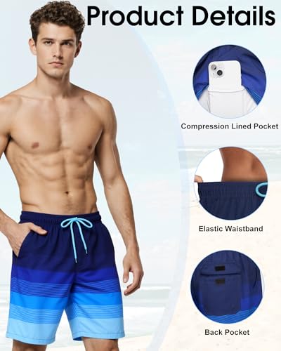 Image of Mens Swim Trunks with Compression Liner 2 in 1 Quick Dry Swimming Shorts Swimwear Bathing Suits with Pockets, Stripe Dark Blue, M