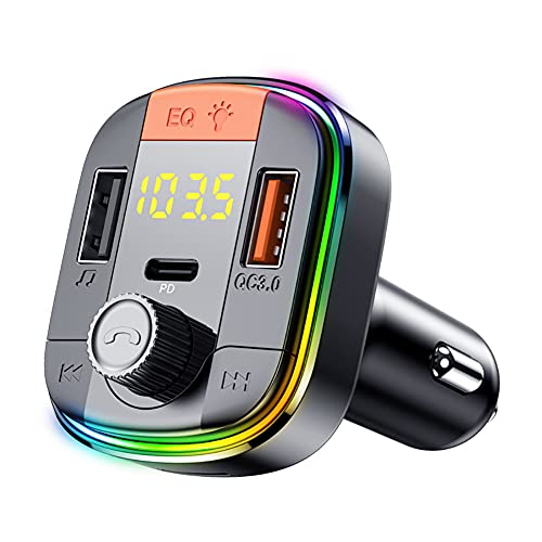 Bluetooth 5.0FM Transmitter, Wireless Radio Adapter Hands-Free Car Kit with QC 3.0 + PD 3.0 USB C Fast Charger, 7-Color Backlit, Support TF Card and USB
