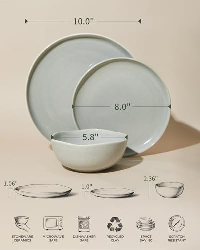 Image of Large Holiday Dinnerware Sets for 8, Ceramic Plates and Bowls Set, Kitchen Dish Set, Microwave & Dishwasher Safe Dishware, Perfect for Christmas & Thanksgiving, Gray Green