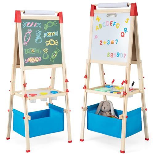 COSTWAY 3 en 1 Tableau Enfant Double Face en Bois avec Rouleau de Papier & 60 Accessoires, Chevalet Magnétique avec Hauteur Réglable, Plateau & Sac de...