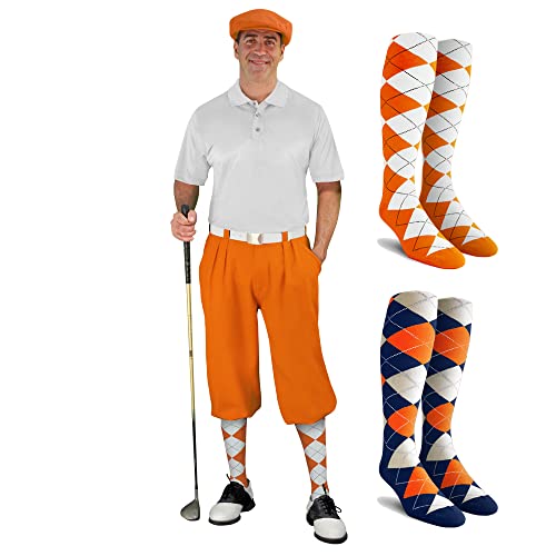 Mens Multi Style Orange Golf Outfit - Matching Knickers and Cap - Two Over-The-Calf Golf Socks - Size 36