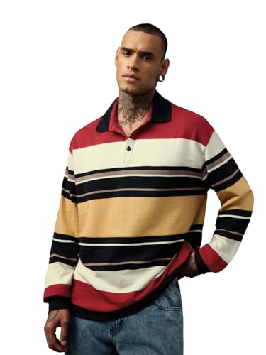 Image of The Souled Store Oversized Rugby Polo: Men and Boys Long Sleeve Spread Collar Striped Cotton Oversized Fit Breathable Everyday Lightweight All-Season Polos