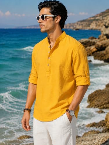 Image of Majestic Man Men's Pure Cotton Solid Mandarin Collar Slim Fit Roll-Up Sleeves Short Kurta Lightweight Summer Kurta for Daily & Occasion Use