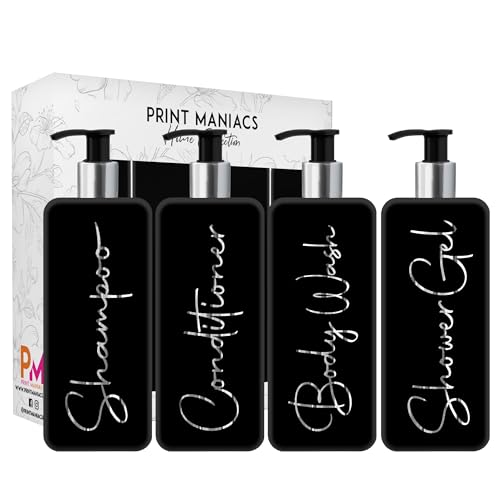 Print ManiacsMrs Hinch Inspired Signature Black 500ml Square Reusable Dispenser Bottle Silver Pump Personalised Bathroom Storage Toiletries Set F2 (Silver