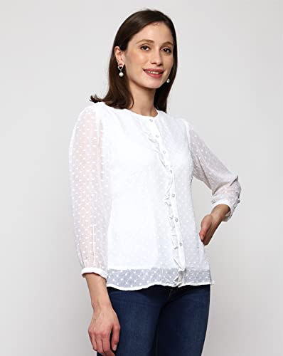 Image of PRETTIFY Women's Regular Fit Solid Embroidery Georgette Waist Length, 3 /4 Sheer Sleeve, Round Neck Casual Wear Western Shirt Top for College /Office Girls