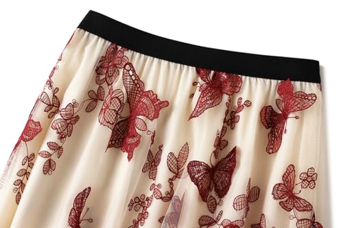 Womens Vintage Tulle Skirt Butterfly Embroidered Midi Skirt High Waist Pleated A-line Skirts Cocktail Swing Skirt4