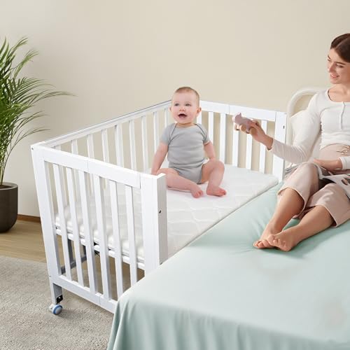 Image of Seeaenbob Portable Baby Bedside Bassinet,Foldable Mini Crib,and Mattress Included,Heights Bassinet Bedside Sleeper,2025 Wood Baby Bed,White