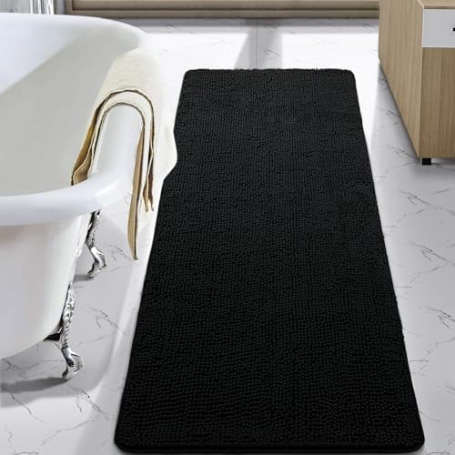 LOCHAS Luxury Bathroom Rug Shaggy Bath Mat 24 x 60 Inch Washable Non Slip Bath Rugs for Bathroom Shower Soft Plush Chenille Absorbent Carpets Mats Black