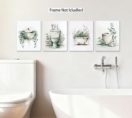Image of Frimeeme Unframed Green Botanical Bathroom Wall Art Decor,Set of 4