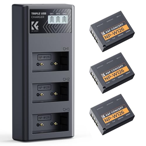 K&F CONCEPT 3 Pack Baterías NP W126/NP W126S y Cargador 3 Ranuras, 1300mAh Totalmente Decodificado Compatible con Fujifilm XM5/X100VI/X100V/XS10/XT30 II, LCD y Entradas Micro USB/Type C