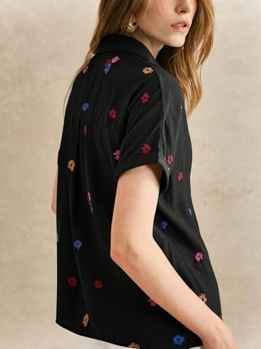 Image of Women's Floral Embroidered Shirt | Elegant Short Sleeve Shirts for Casual & Office Wear | Stylish Summer Button-Down Shirt for Girls & Women