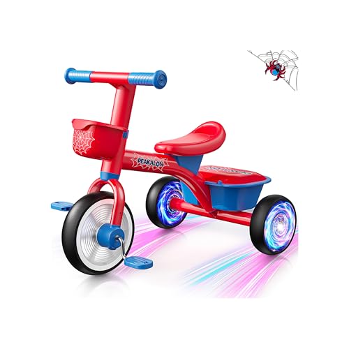 Toddler Tricycle for 1-3 3-5 Years Old Boys Girls Spider Colorful Lighting Toddler Bike with Adjustable Seat & Removable Basket Idea Birthday Gift and Toy for Age 1 2 3 4 5 Kids Outdoor Balance
