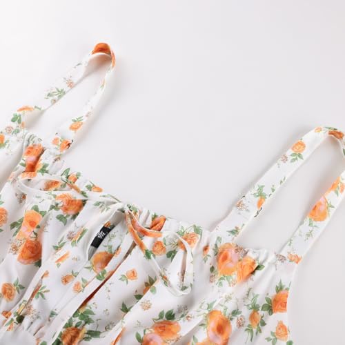 SCARLET DARKNESS Sommerkleid Damen Spaghetti Lange Boho Kleid Vintage Milkmaid Country Kleid Weiß-Orangen Blüten M 4