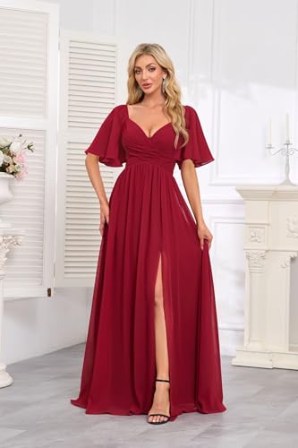 Women's Flutter Sleeves Chiffon Bridesmaid Dresses with Slit Long A Line V-Neck Formal Party Dress with Pockets4