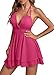 LYANER Women's Halter Deep V Neck Backless Ruffle Sleeveless Sexy Skater Mini Dress Solid Rose Small